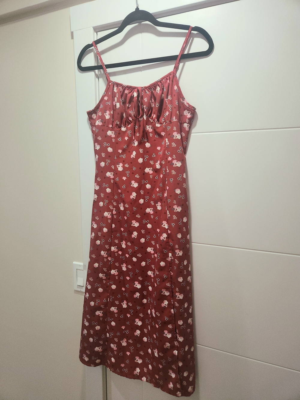 Red Midi Slip Style Dress With Floral Patttern